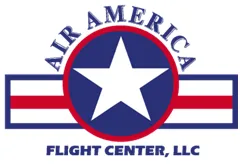 A red white and blue star logo for air america flight center.